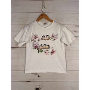 Anvil Shirt Womens Medium White Bird Floral Graphic Short Sleeve Made USA Nature